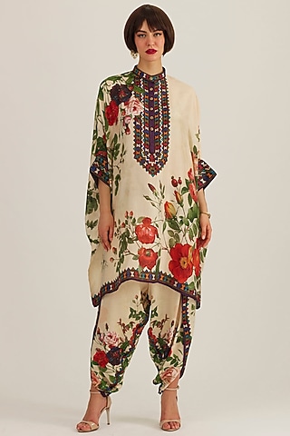 Beige Satin Printed Dhoti Pants by Rajdeep Ranawat