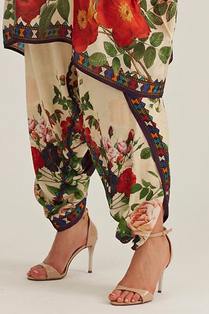 Beige Satin Printed Dhoti Pants by Rajdeep Ranawat at Pernia's Pop Up Shop