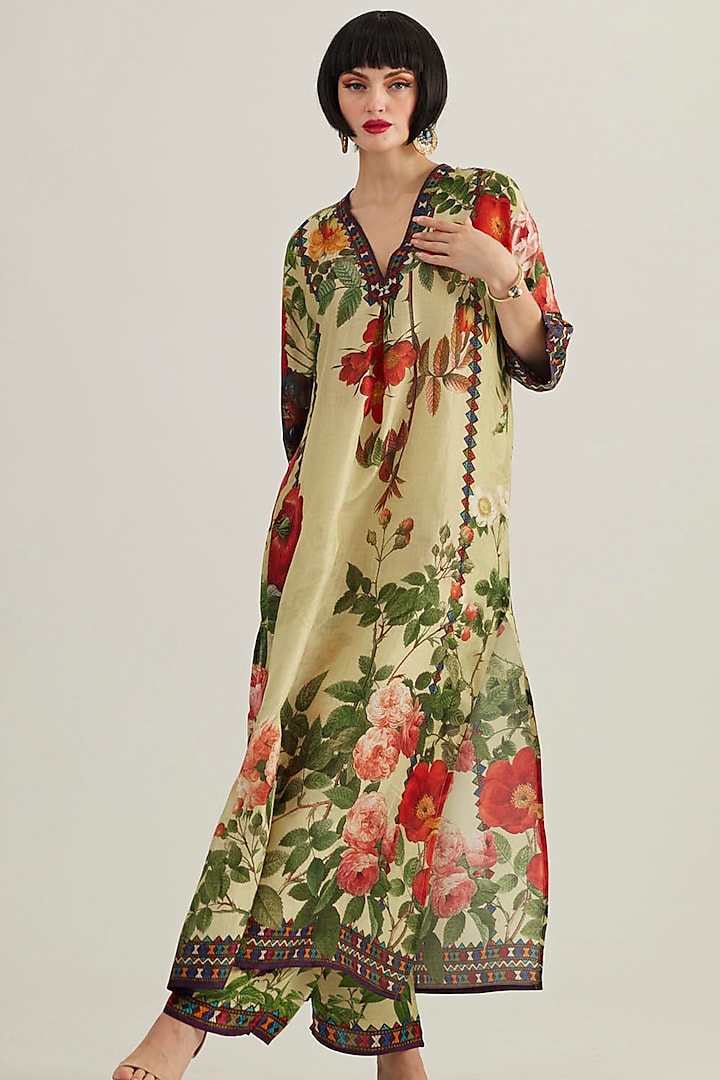 Sulphur Yellow Silk Printed Kimono Tunic by Rajdeep Ranawat