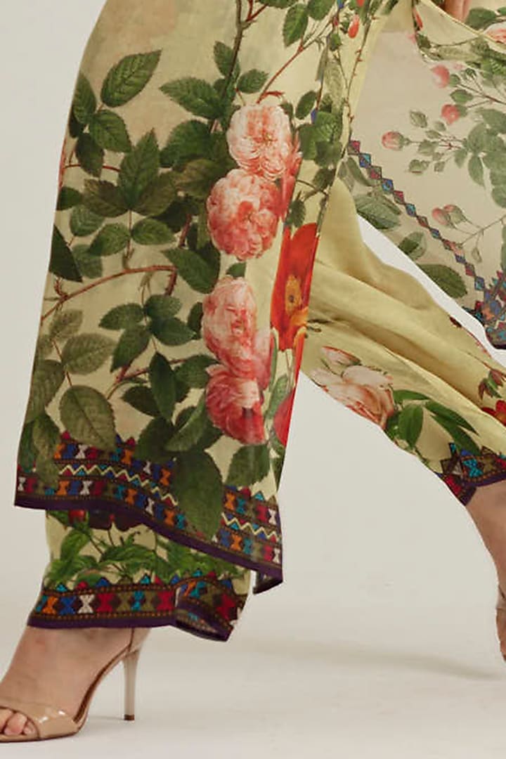 Sulphur Yellow Satin Printed Pants by Rajdeep Ranawat at Pernia's Pop Up Shop