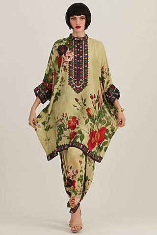 Sulphur Yellow Satin Printed Dhoti Pants by Rajdeep Ranawat