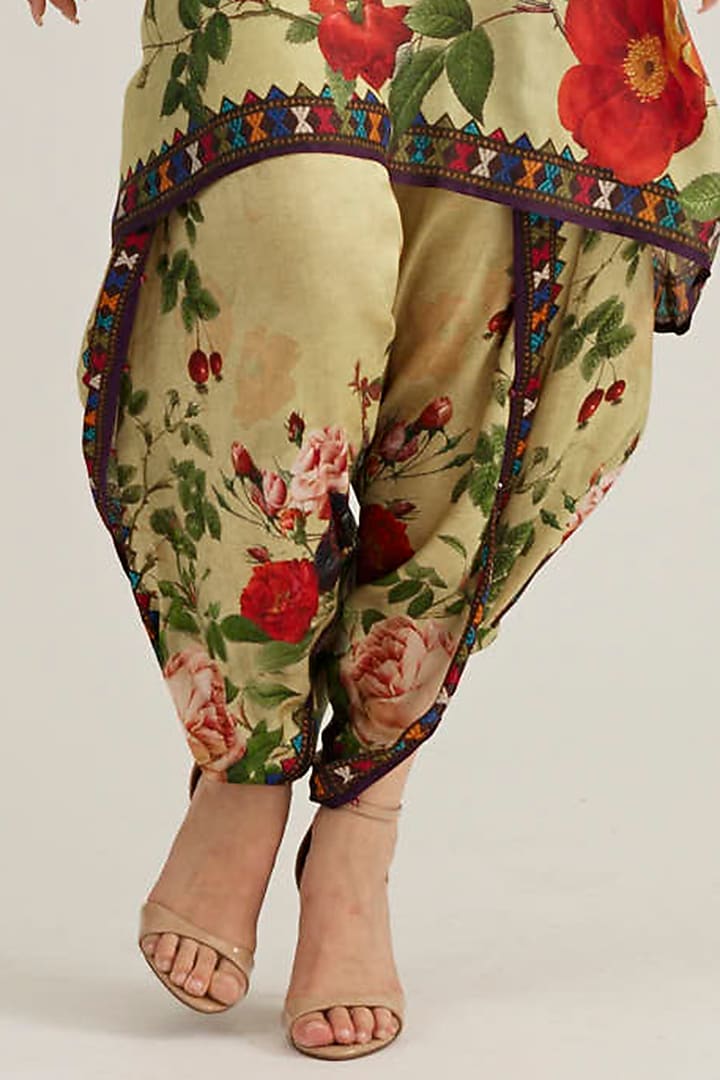 Sulphur Yellow Satin Printed Dhoti Pants by Rajdeep Ranawat at Pernia's Pop Up Shop