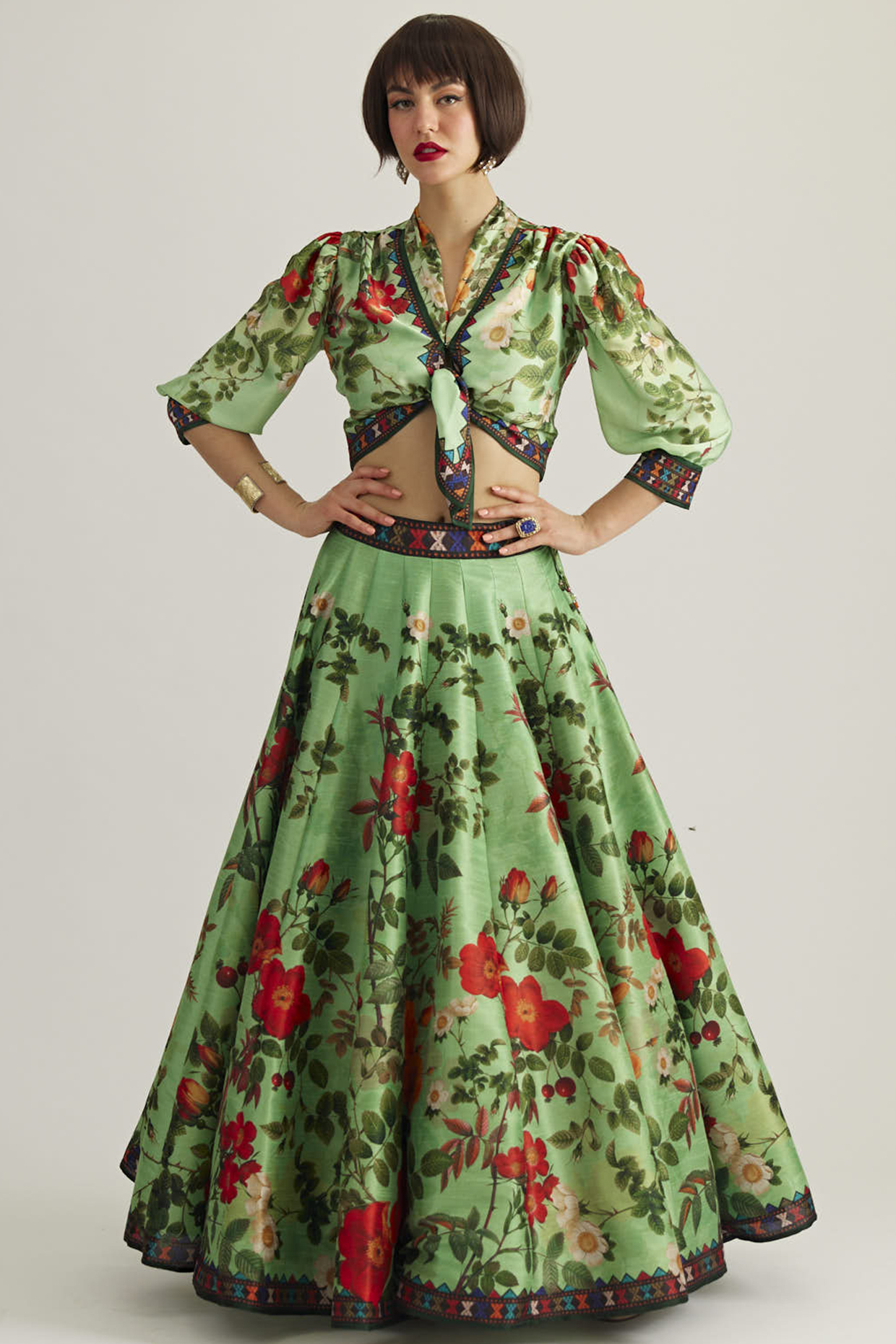 Mint Dupion Printed Skirt Set by Rajdeep Ranawat at Pernia's Pop Up Shop