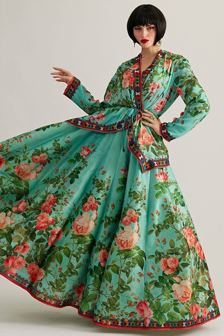 Aqua Dupion Printed Skirt Set by Rajdeep Ranawat at Pernia's Pop Up Shop