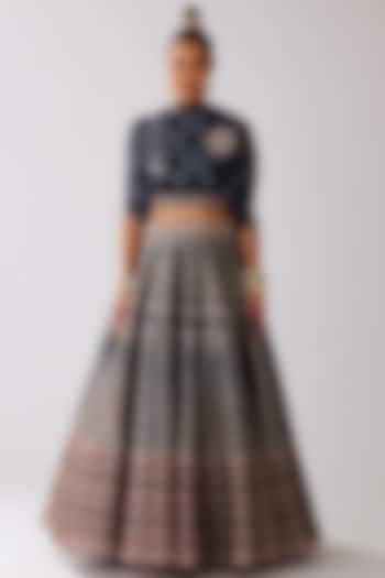 Navy Blue Modal Satin & Dupion Printed Skirt Set by Rajdeep Ranawat at Pernia's Pop Up Shop