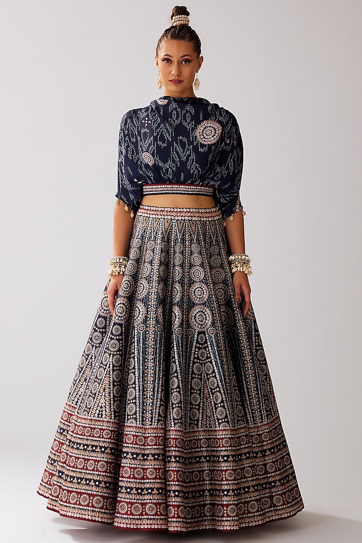Navy Blue Modal Satin & Dupion Printed Skirt Set by Rajdeep Ranawat at Pernia's Pop Up Shop