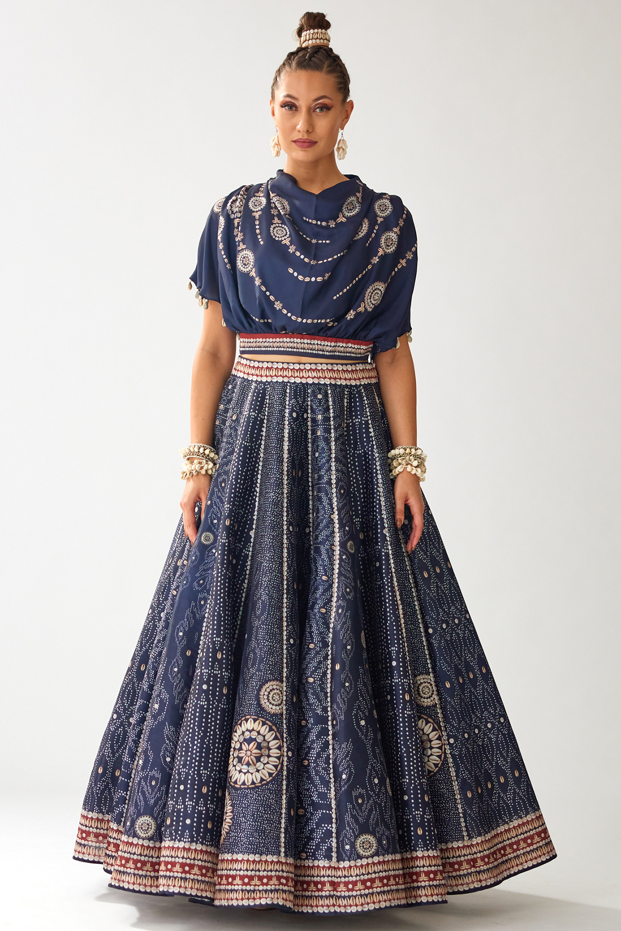 Navy Blue Modal Satin & Dupion Printed Skirt Set by Rajdeep Ranawat at Pernia's Pop Up Shop