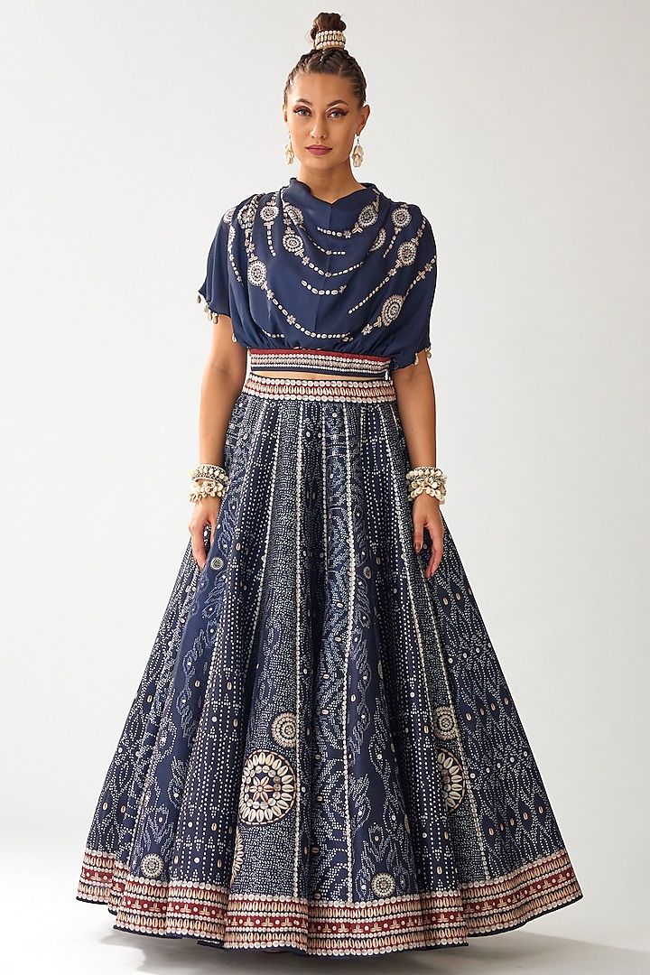 Navy Blue Modal Satin & Dupion Printed Skirt Set by Rajdeep Ranawat at Pernia's Pop Up Shop