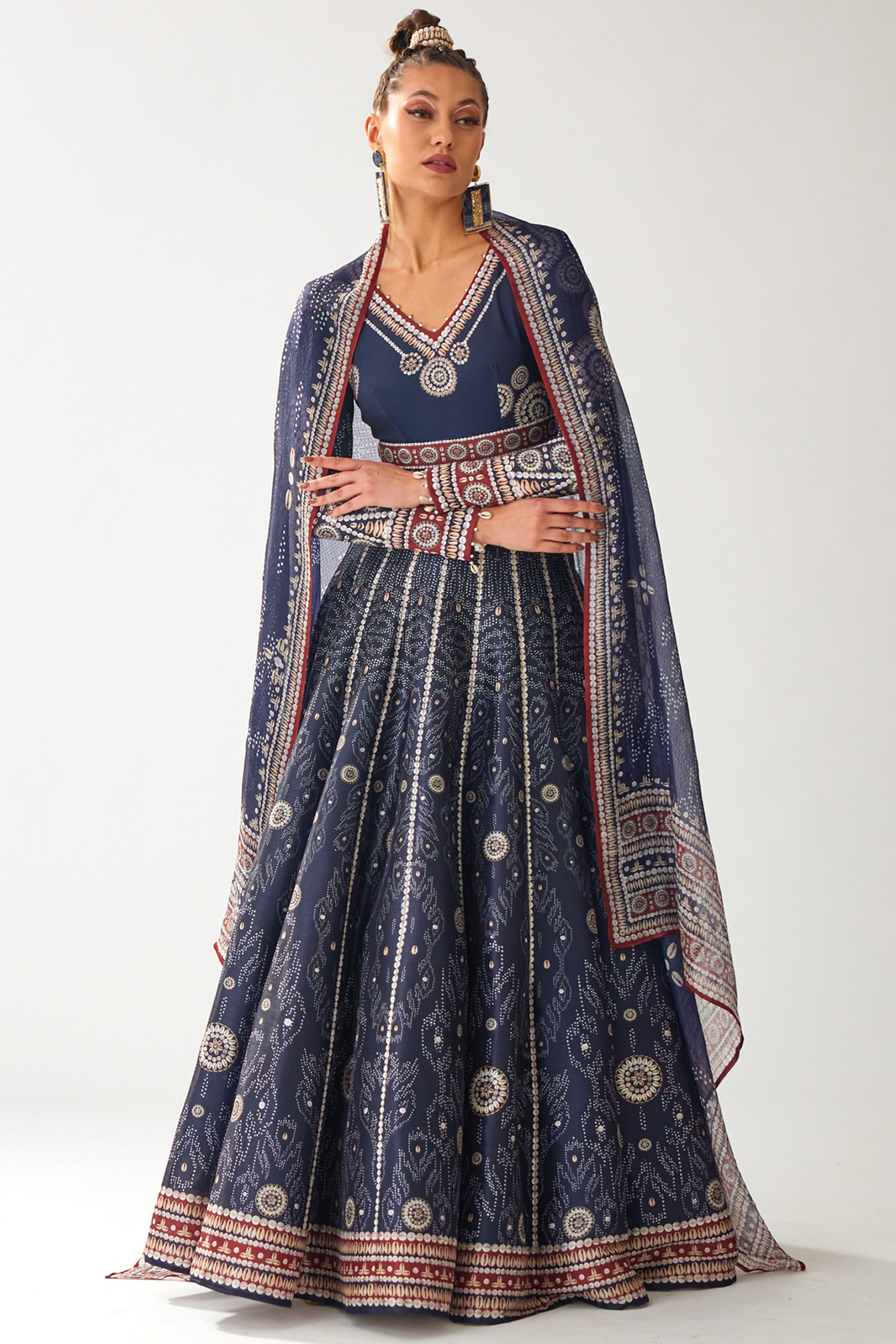 Navy Blue Scuba & Dupion Printed Wedding Lehenga Set by Rajdeep Ranawat at Pernia's Pop Up Shop