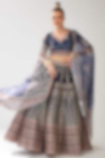 Navy Blue Scuba & Dupion Printed Wedding Lehenga Set by Rajdeep Ranawat at Pernia's Pop Up Shop