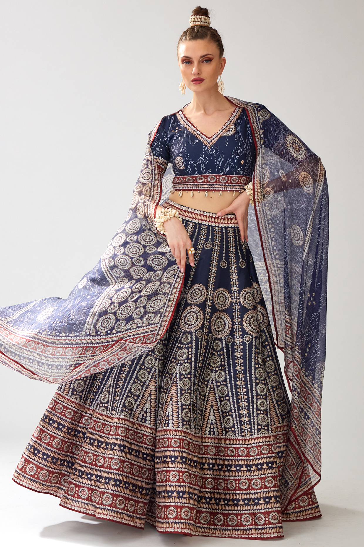 Navy Blue Scuba & Dupion Printed Wedding Lehenga Set by Rajdeep Ranawat at Pernia's Pop Up Shop