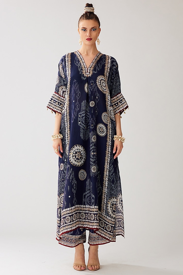 Navy Blue Silk Printed Kimono Tunic by Rajdeep Ranawat
