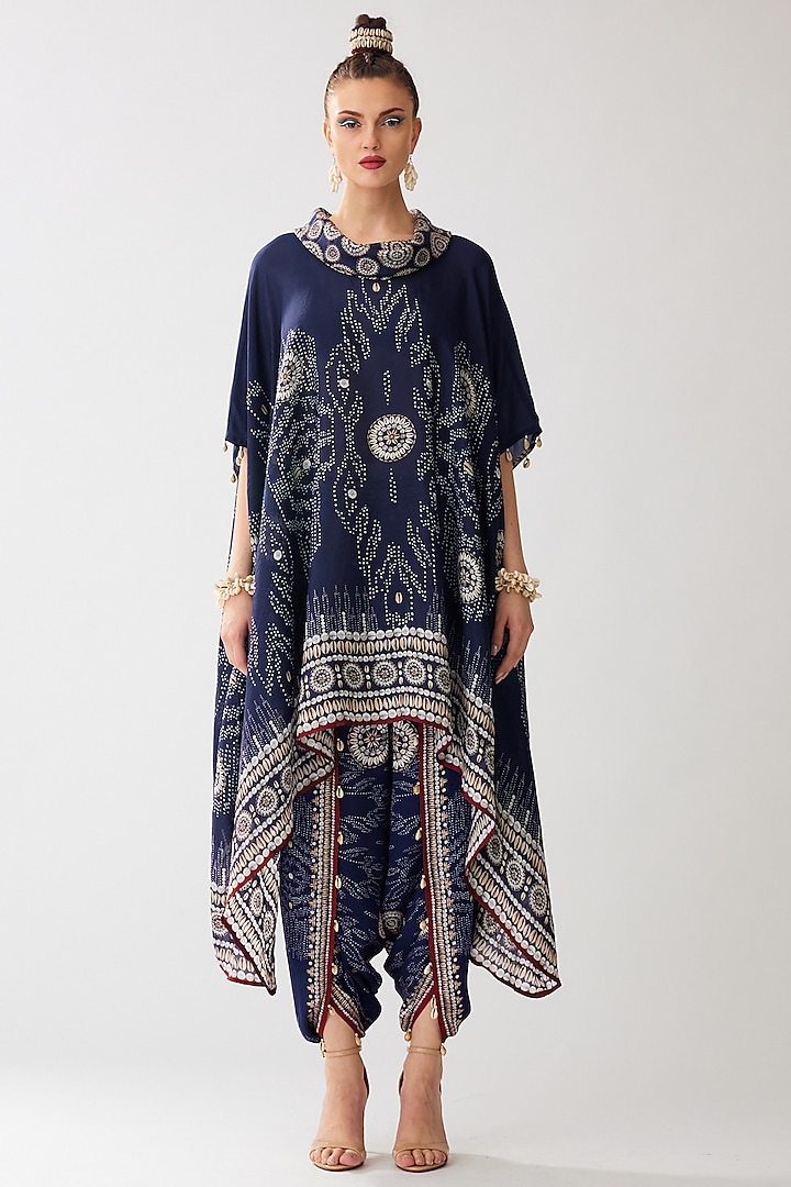 Navy Blue Modal Satin Printed Dhoti Pants by Rajdeep Ranawat at Pernia's Pop Up Shop