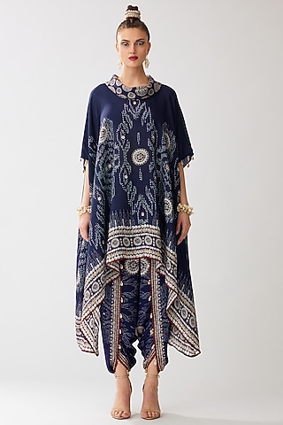 Navy Blue Modal Satin Printed Dhoti Pants by Rajdeep Ranawat