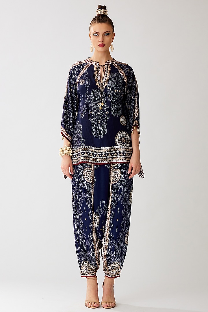 Navy Blue Silk Printed Turkish Pants by Rajdeep Ranawat at Pernia's Pop Up Shop