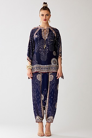 Navy Blue Silk Printed Turkish Pants by Rajdeep Ranawat