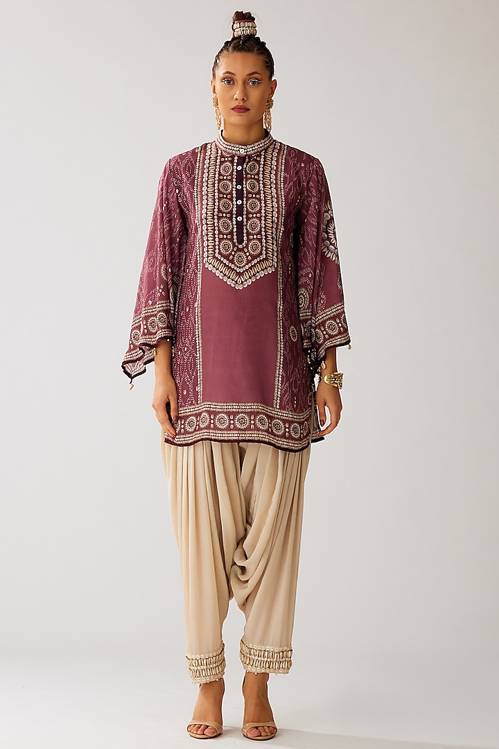 Vintage Rose Silk Printed Tunic by Rajdeep Ranawat