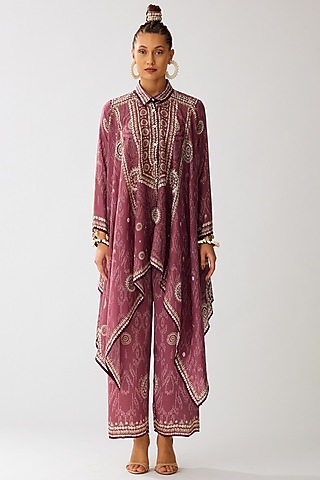 Vintage Rose Silk Printed Boxy Kaftan Shirt by Rajdeep Ranawat