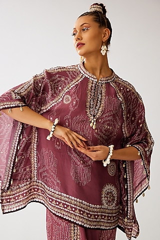 Vintage Rose Silk Printed Poncho Tunic by Rajdeep Ranawat