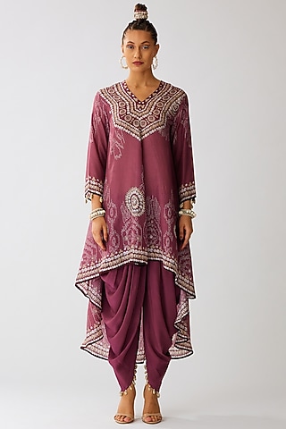 Vintage Rose Silk Printed High-Low Tunic by Rajdeep Ranawat