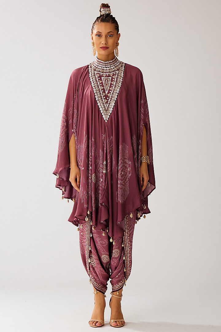 Vintage Rose Silk Printed Draped Circular Tunic by Rajdeep Ranawat