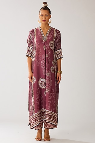 Vintage Rose Silk Printed Kimono Tunic by Rajdeep Ranawat