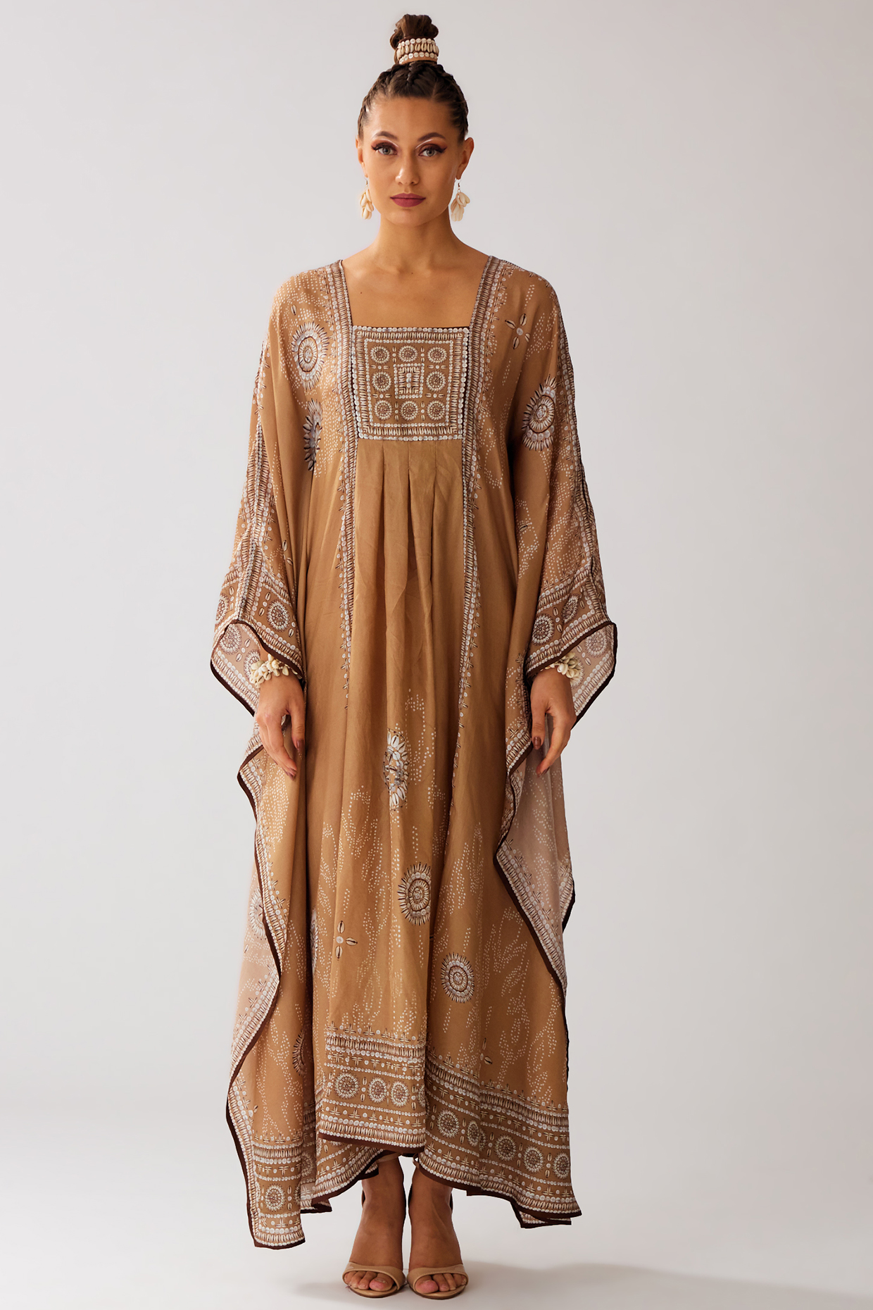 Caramel Silk Printed Kaftan by Rajdeep Ranawat at Pernia's Pop Up Shop