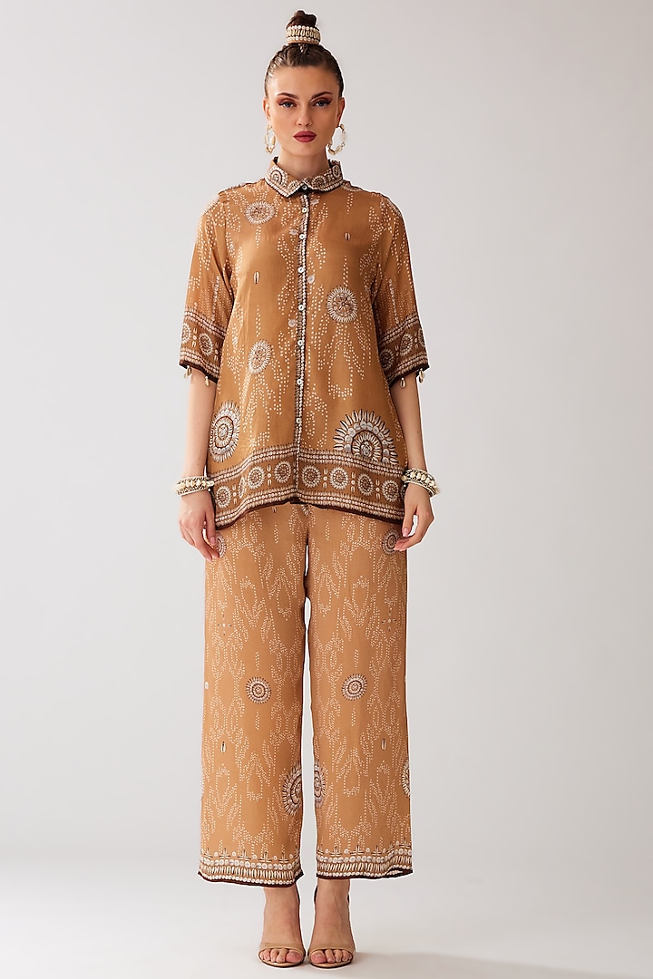 Caramel Silk Printed Shirt by Rajdeep Ranawat at Pernia's Pop Up Shop