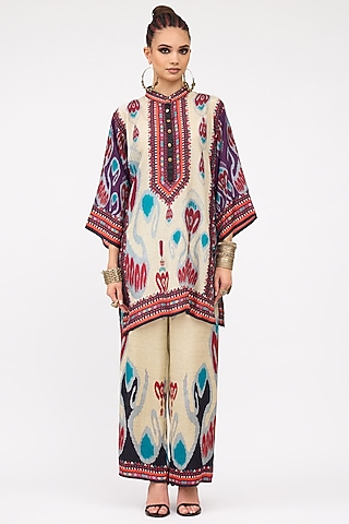 Multi-Colored Silk Printed Tunic Set by Rajdeep Ranawat