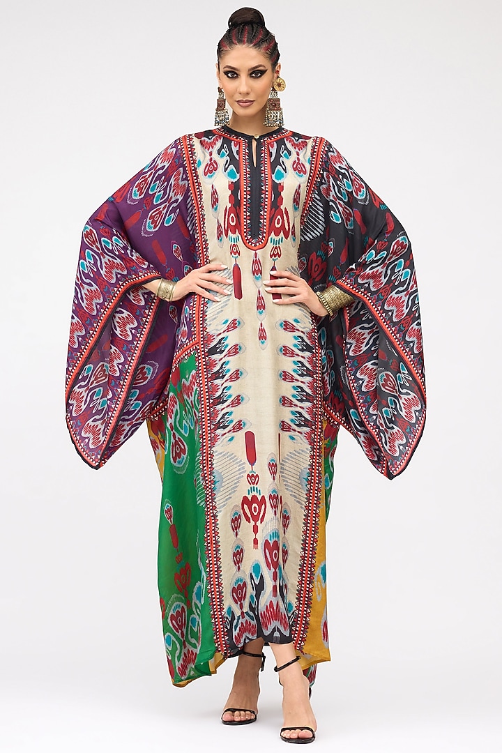 Eggshell Silk Printed Boxy Kaftan by Rajdeep Ranawat at Pernia's Pop Up Shop