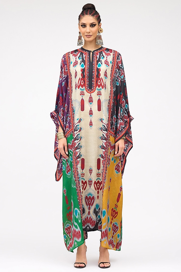 Eggshell Silk Printed Boxy Kaftan by Rajdeep Ranawat at Pernia's Pop Up Shop