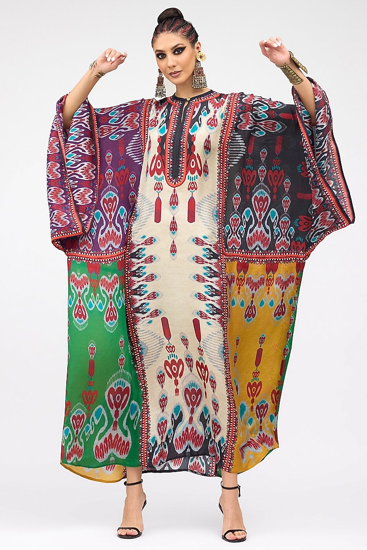 Eggshell Silk Printed Boxy Kaftan by Rajdeep Ranawat at Pernia's Pop Up Shop