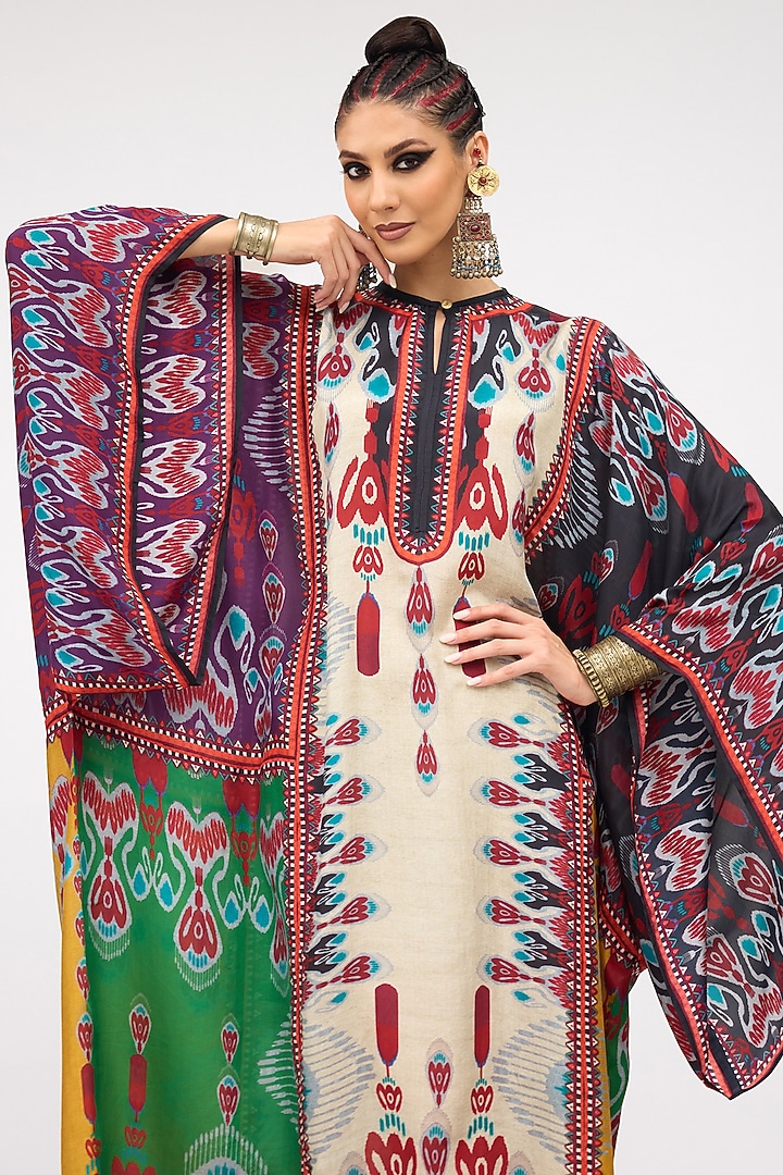Eggshell Silk Printed Boxy Kaftan by Rajdeep Ranawat at Pernia's Pop Up Shop