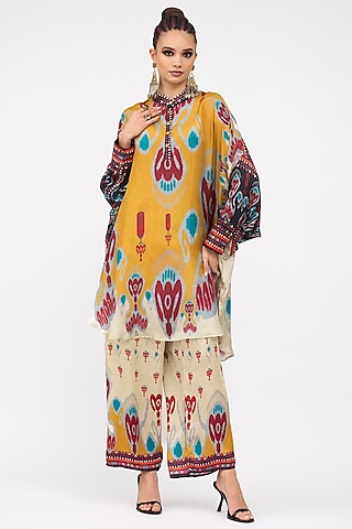 Mustard Silk Printed Tunic Set by Rajdeep Ranawat