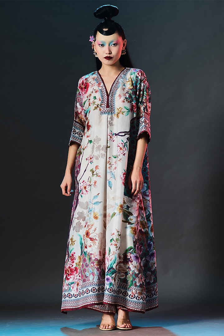 Beige & Mint Green Silk Printed Kimono Tunic by Rajdeep Ranawat at Pernia's Pop Up Shop