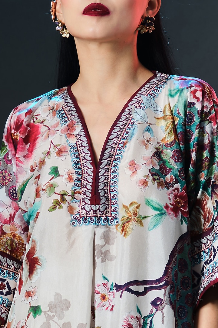 Beige & Mint Green Silk Printed Kimono Tunic by Rajdeep Ranawat at Pernia's Pop Up Shop