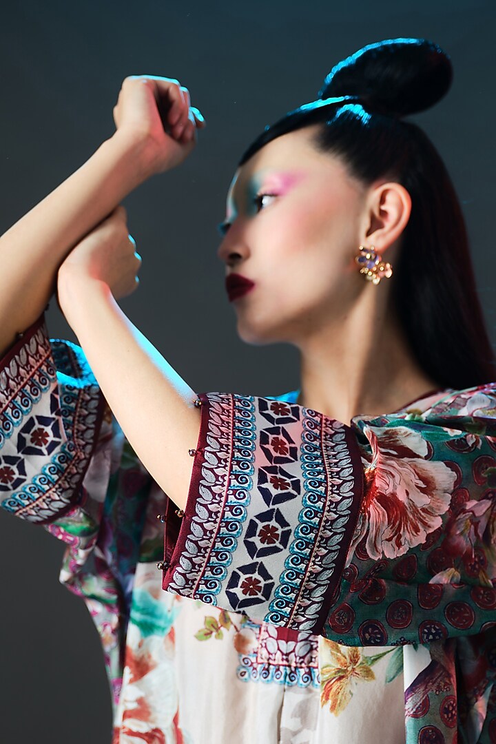 Beige & Mint Green Silk Printed Kimono Tunic by Rajdeep Ranawat at Pernia's Pop Up Shop