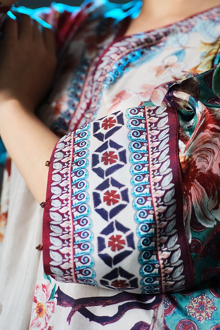 Beige & Mint Green Silk Printed Kimono Tunic by Rajdeep Ranawat at Pernia's Pop Up Shop