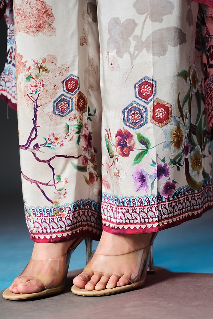 Beige & Mint Green Modal Satin Printed Pants by Rajdeep Ranawat at Pernia's Pop Up Shop