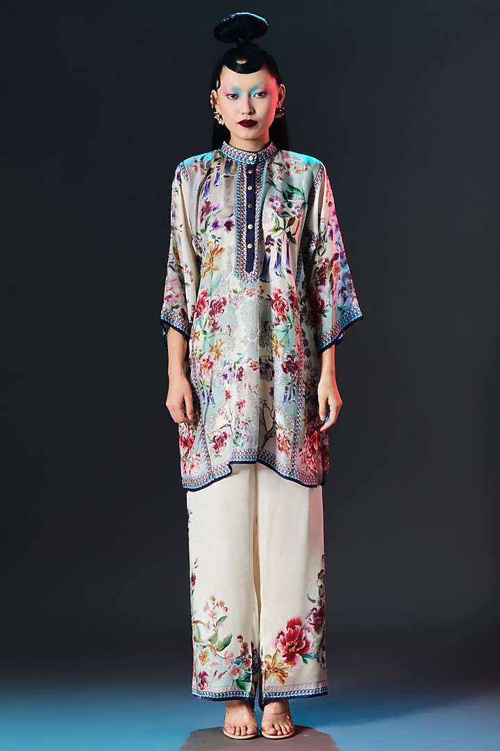 Beige & Sage Green Silk Front Panel Tunic by Rajdeep Ranawat at Pernia's Pop Up Shop