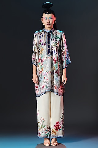 Beige & Sage Green Silk Front Panel Tunic by Rajdeep Ranawat