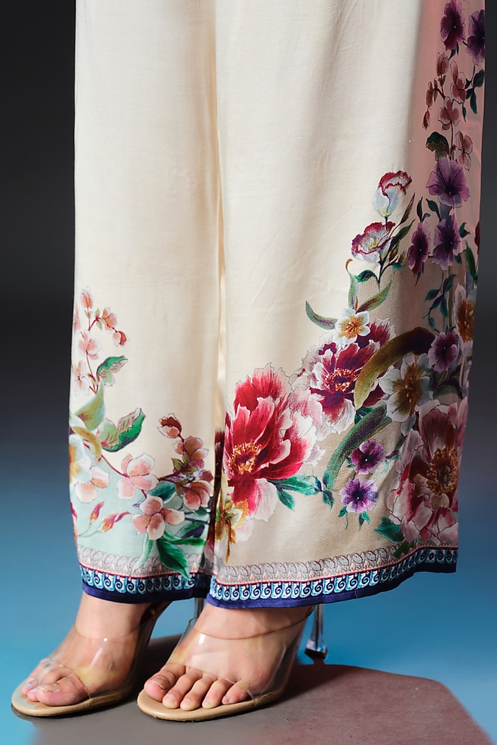 Beige & Sage Green Modal Satin Printed Pants by Rajdeep Ranawat at Pernia's Pop Up Shop