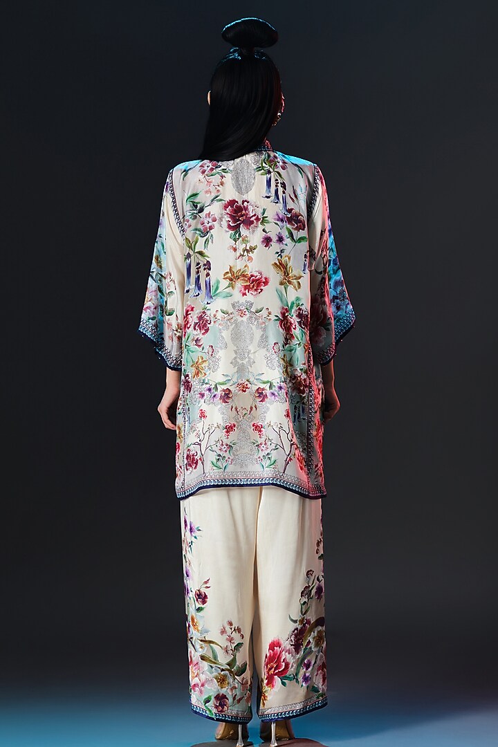 Beige & Sage Green Modal Satin Printed Pants by Rajdeep Ranawat at Pernia's Pop Up Shop