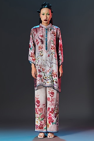 Brick Red & Beige Silk Front Panel Tunic by Rajdeep Ranawat