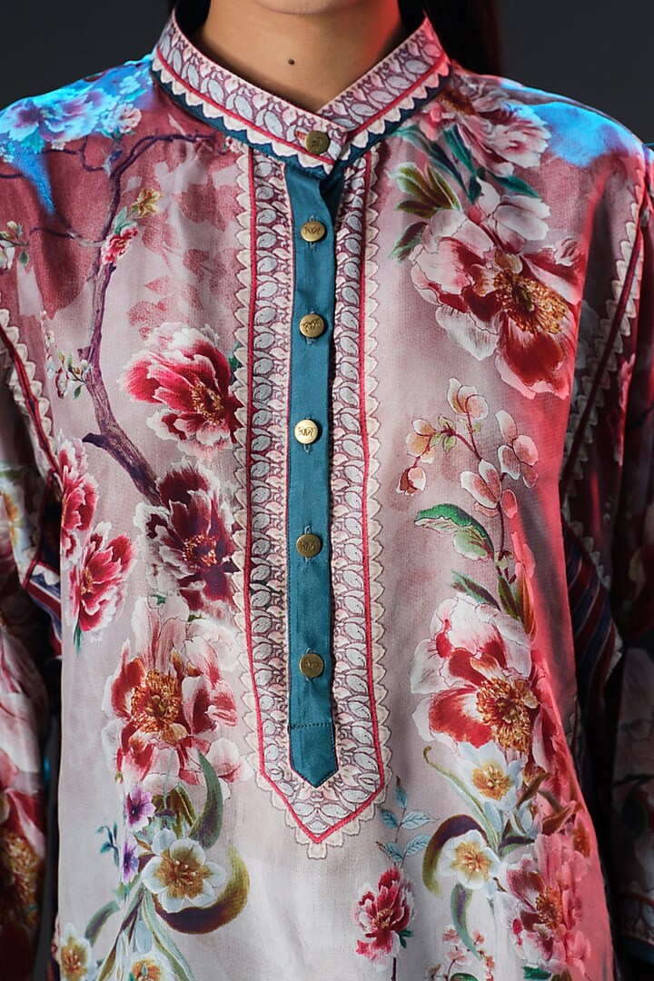Brick Red & Beige Silk Front Panel Tunic by Rajdeep Ranawat at Pernia's Pop Up Shop