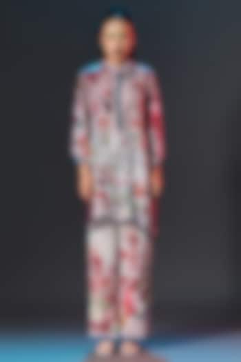 Brick Red & Beige Modal Satin Printed Pants by Rajdeep Ranawat at Pernia's Pop Up Shop