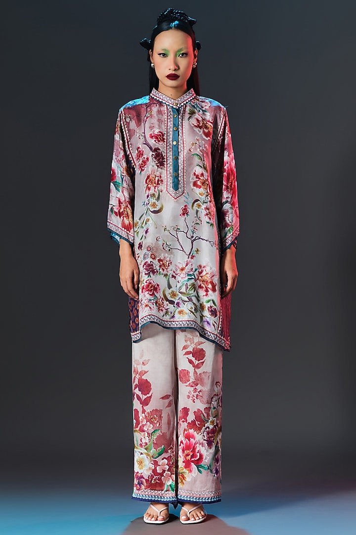 Brick Red & Beige Modal Satin Printed Pants by Rajdeep Ranawat at Pernia's Pop Up Shop