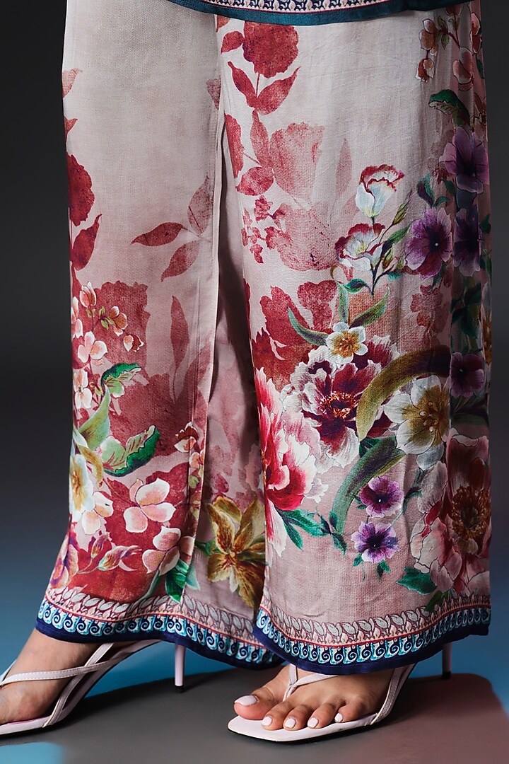 Brick Red & Beige Modal Satin Printed Pants by Rajdeep Ranawat at Pernia's Pop Up Shop