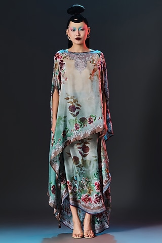 Beige & Sage Green Silk Printed Side Tuck-Up Skirt Set by Rajdeep Ranawat