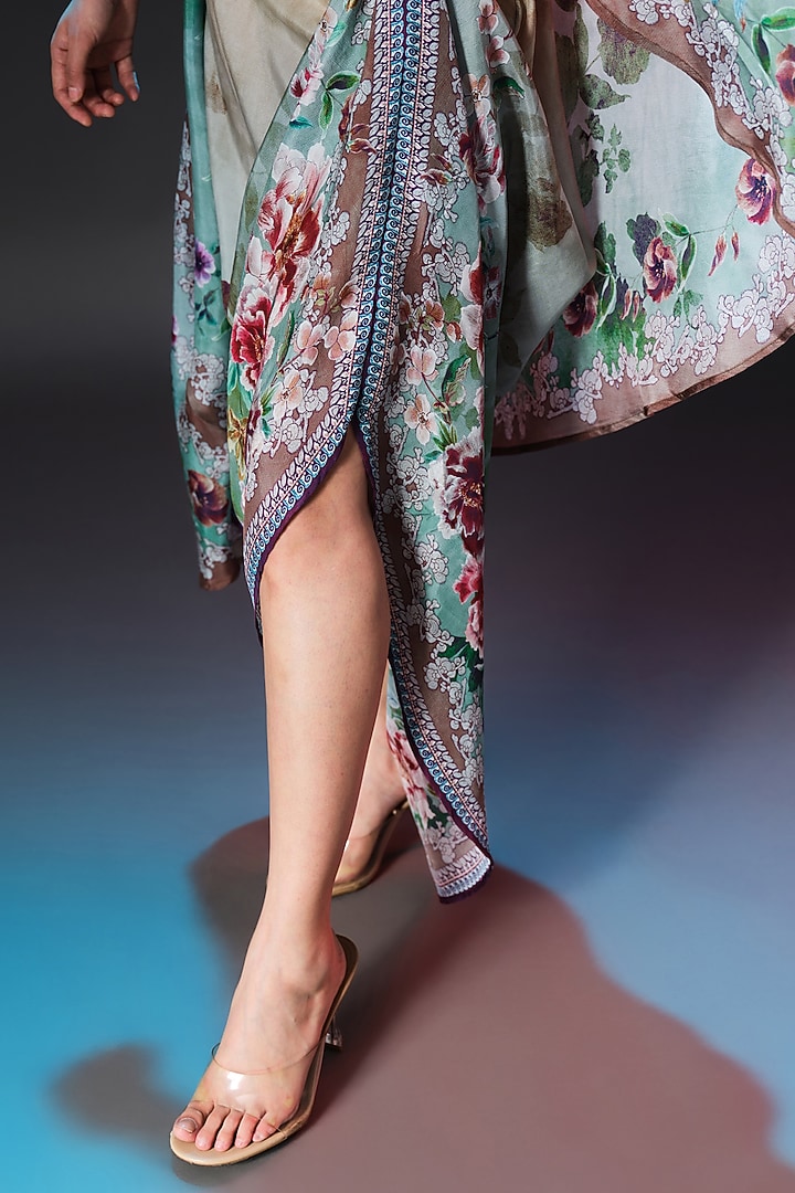 Beige & Sage Green Silk Printed Side Tuck-Up Skirt Set by Rajdeep Ranawat at Pernia's Pop Up Shop